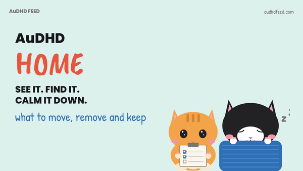 Coffee the black-and-white cat and Mango the orange cat next to the words AuDHD Home: See it. find it. Calm it down.