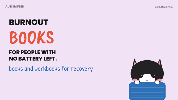 Tired Coffee the cat wrapped in a blanket next to the words burnout books for people with no battery left