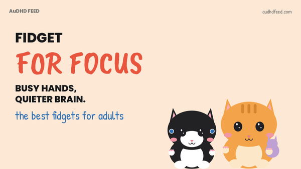 Mango the orange cat and Coffee the black-and-white cat next to the words Fidget For Focus: Busy hands, Quieter brain.