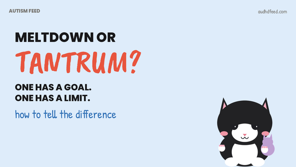Coffee the black-and-white cat next to the words Meltdown Or Tantrum?: One has a goal. One has a limit.