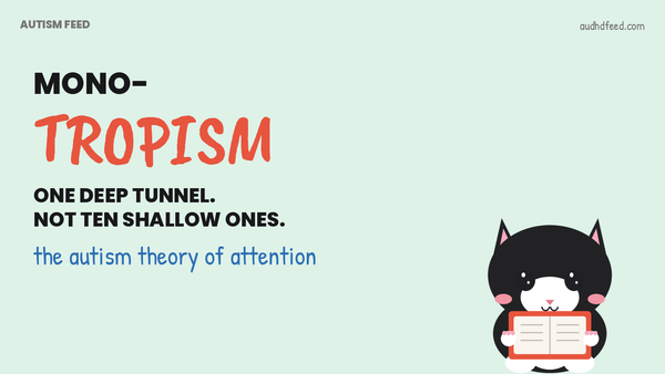 Coffee the black-and-white cat next to the words Mono- Tropism: One deep tunnel. Not ten shallow ones.
