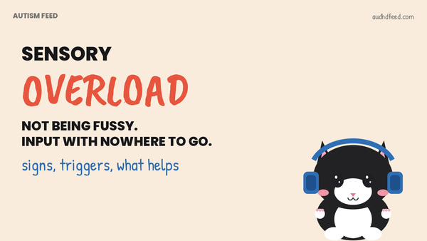 Coffee the cat wearing headphones next to the words sensory overload: not being fussy, input with nowhere to go