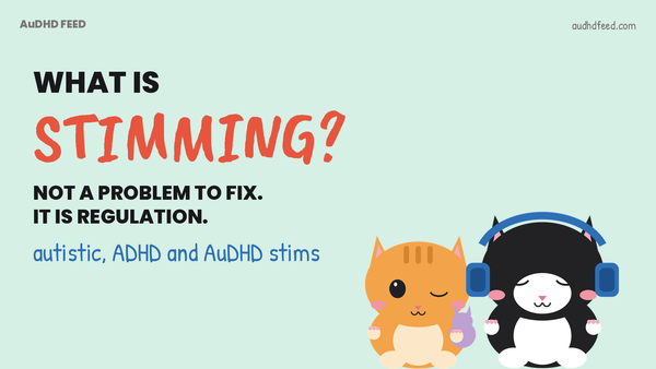 Coffee the cat in headphones and Mango with a plushie next to the words what is stimming: not a problem to fix, it is regulation