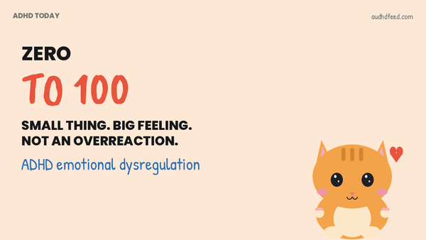 Mango the orange cat next to the words Zero To 100: Small thing. big feeling. Not an overreaction.