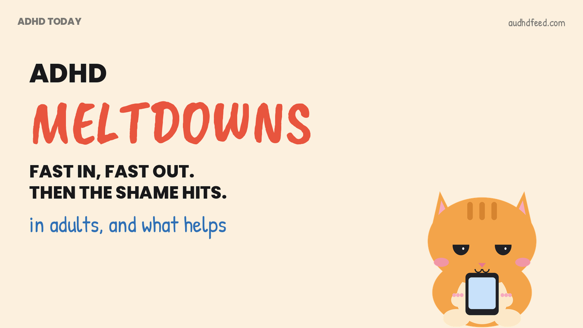 Mango the orange cat next to the words ADHD Meltdowns: Fast in, fast out. Then the shame hits.