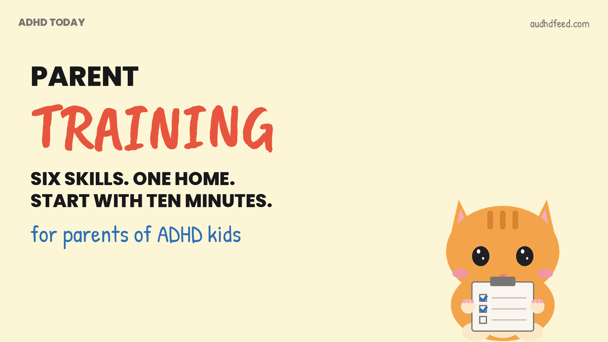 Mango the orange cat next to the words Parent Training: Six skills. one home. Start with ten minutes.