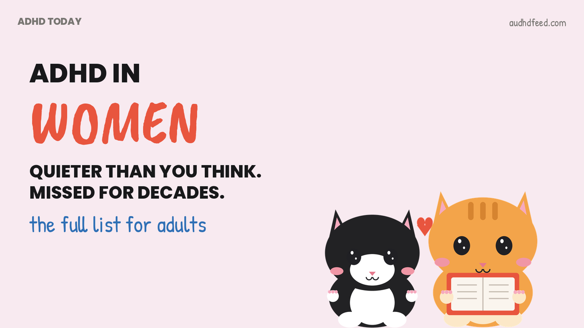 Mango the orange cat and Coffee the black-and-white cat next to the words Adhd In Women: Quieter than you think. Missed for decades.