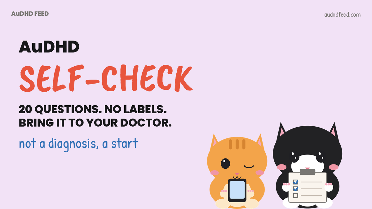 Coffee the black-and-white cat and Mango the orange cat next to the words AuDHD Self-Check: 20 questions. no labels. Bring it to your doctor.