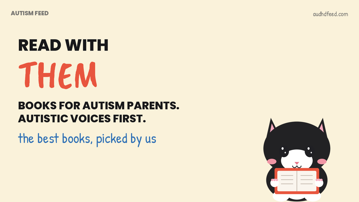 Coffee the black-and-white cat next to the words Read With Them: Books for autism parents. Autistic voices first.