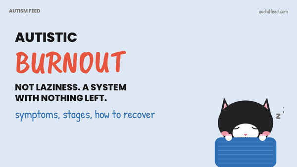 Coffee the black and white cat asleep under a blue blanket next to the words autistic burnout: not laziness, a system with nothing left