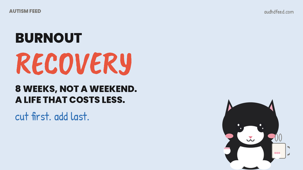 Coffee the cat with a mug next to the words burnout recovery: 8 weeks, not a weekend