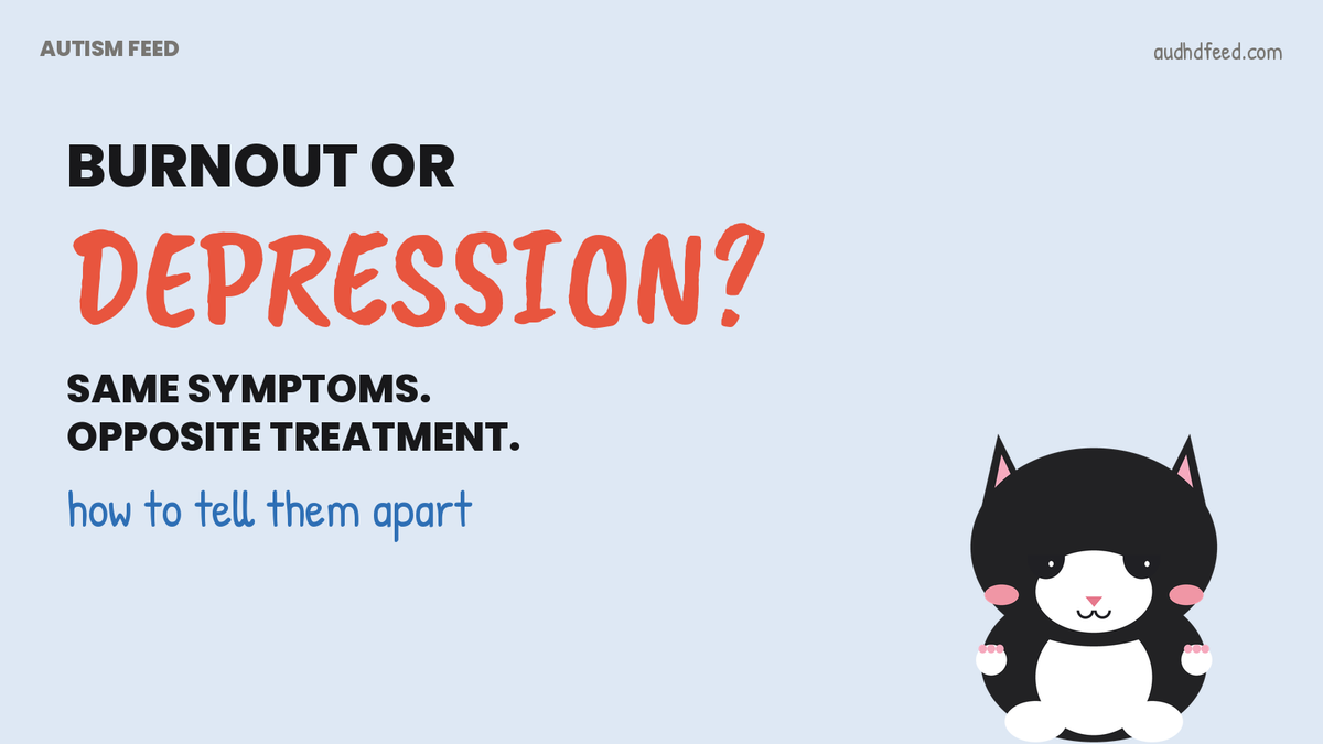 Tired Coffee the cat next to the words burnout or depression? same symptoms, opposite treatment