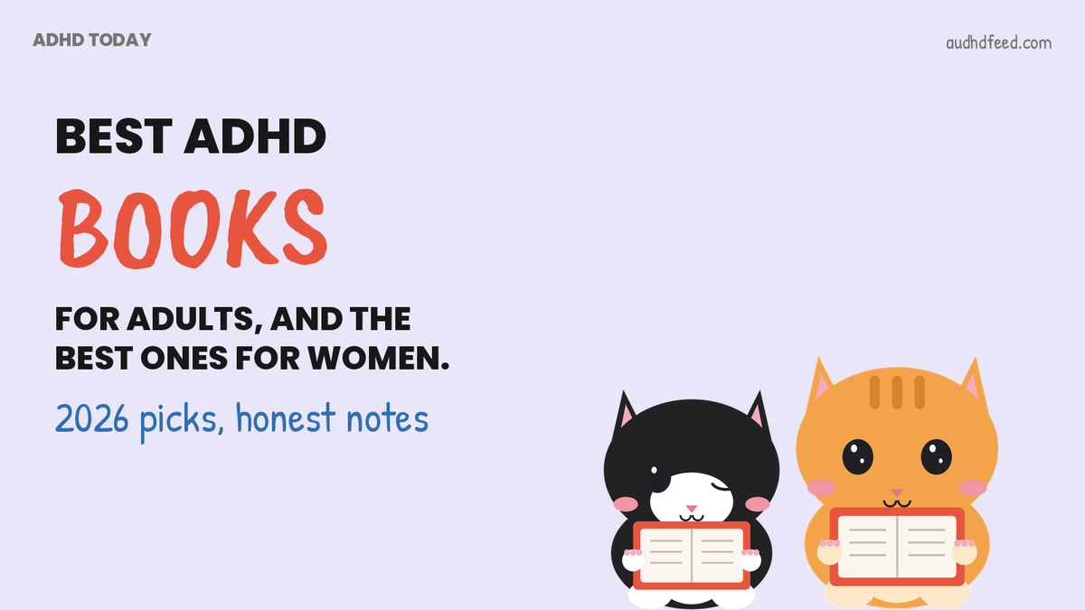 Mango and Coffee the cats each holding a book next to the words best ADHD books for adults and the best ones for women