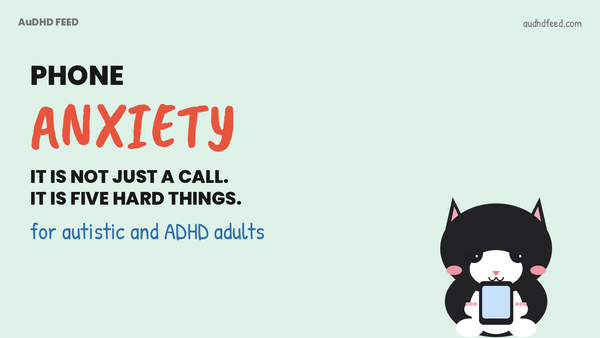 Coffee the black-and-white cat next to the words Phone Anxiety: It is not just a call. It is five hard things.