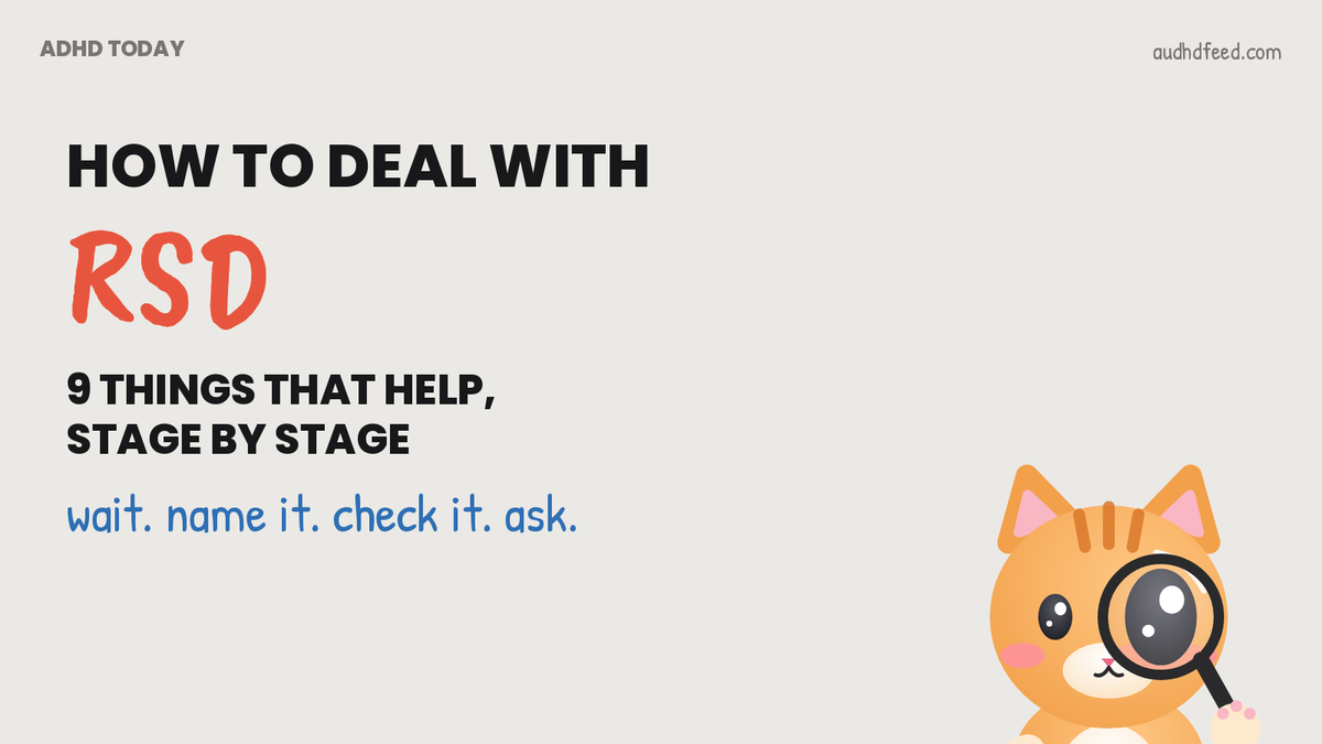 Mango the orange cat next to the words how to deal with RSD: 9 things that help, stage by stage