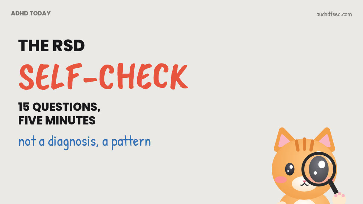 Mango the orange cat next to the words the RSD self-check: 15 questions, five minutes, not a diagnosis, a pattern